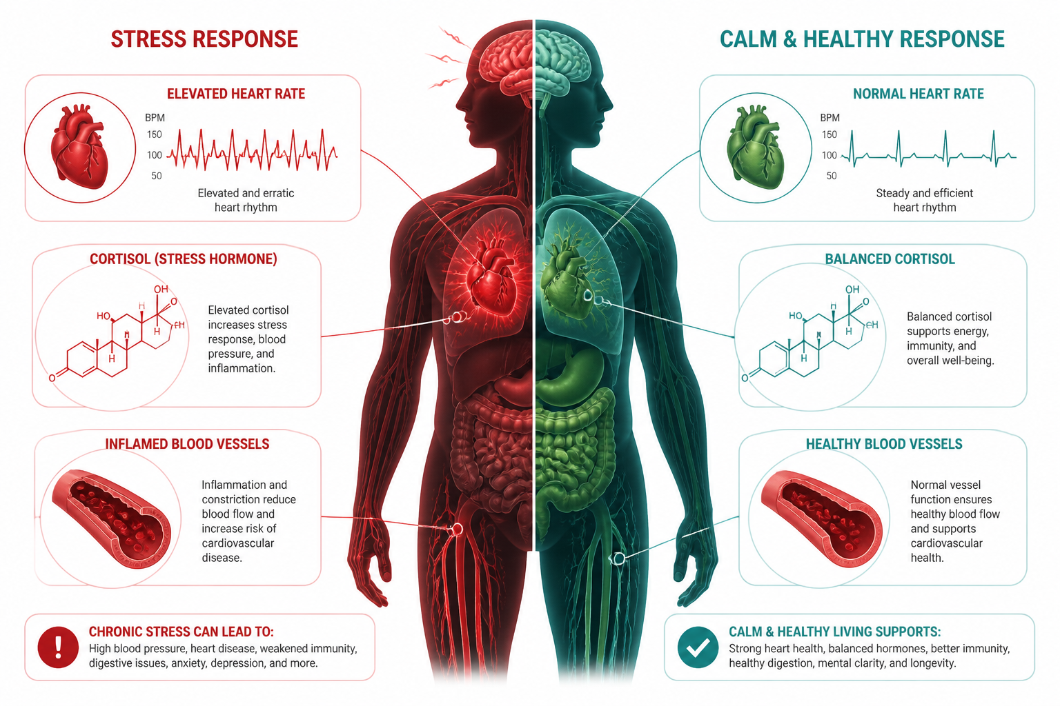 () editorial illustration showing a split human silhouette: left side filled with red stress indicators — elevated heart
