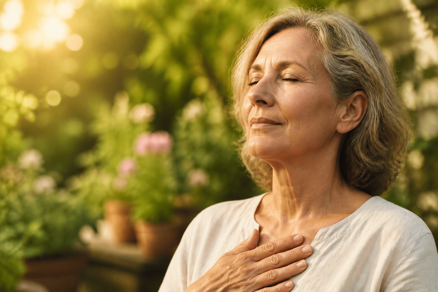 () close-up editorial photograph of a mature adult woman aged 50-60 doing slow breathing exercise outdoors in a garden, eyes