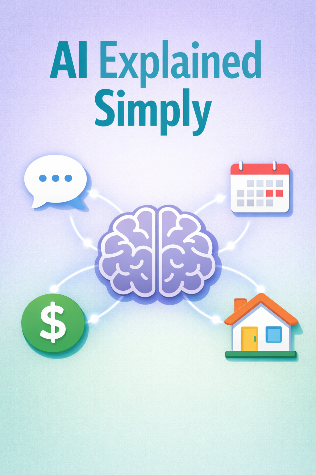 Portrait/Pinterest format () infographic-style illustration showing a simple brain icon connected by glowing lines to