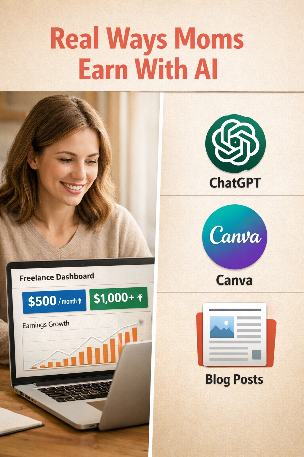 Portrait/Pinterest format () showing a split-screen composition: left side displays a woman reviewing a laptop with a