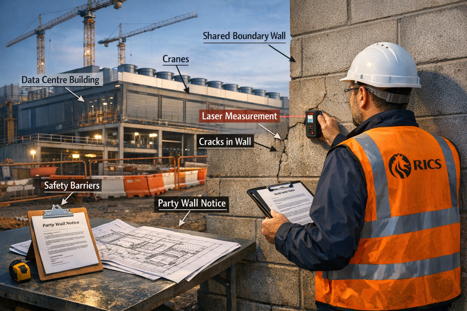 Detailed landscape format (1536x1024) image showing RICS surveyor conducting party wall inspection at active data centre construction site.