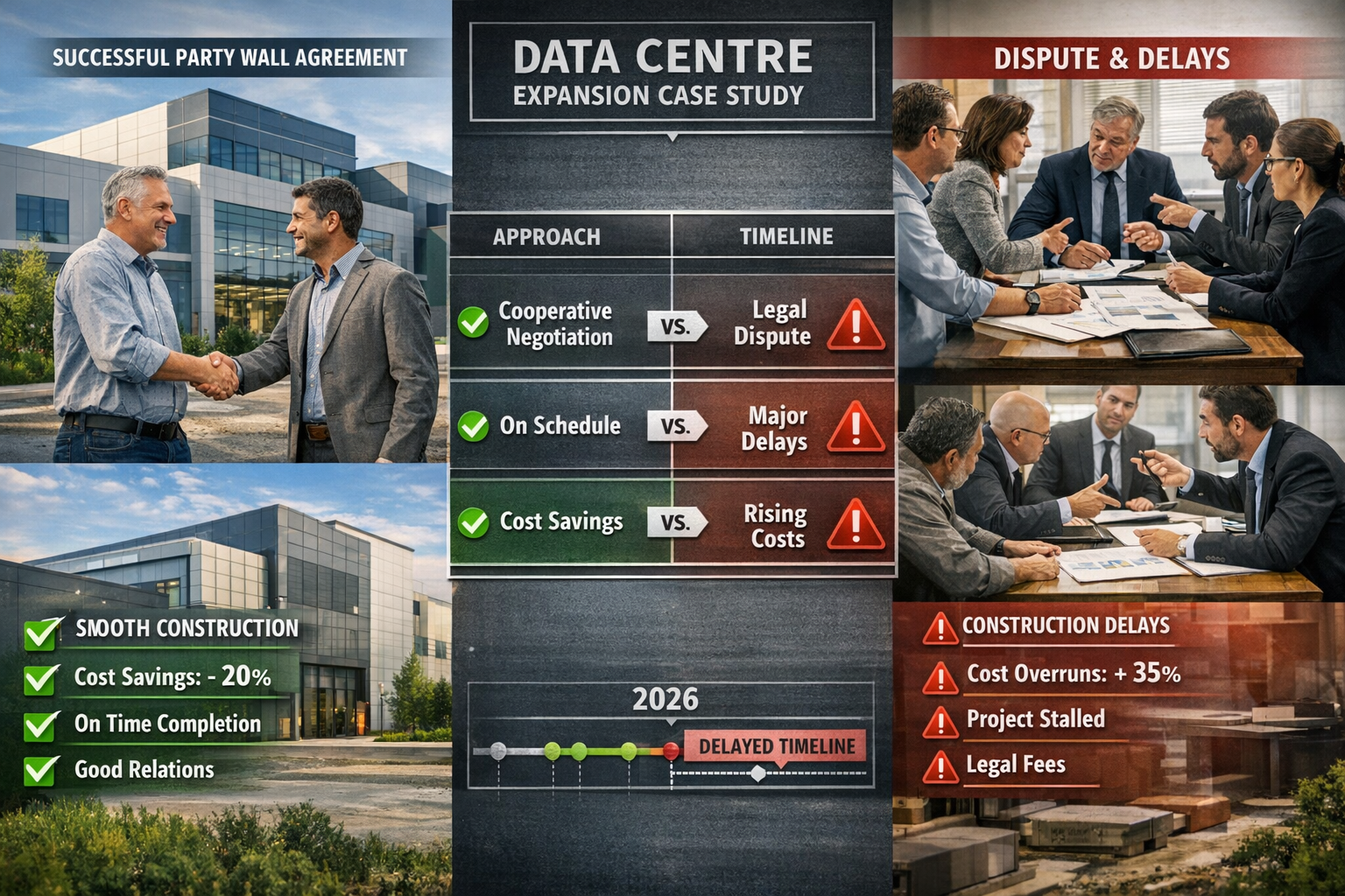 Detailed landscape format (1536x1024) split-panel case study visualization showing two contrasting 2026 data centre expansion projects. Left