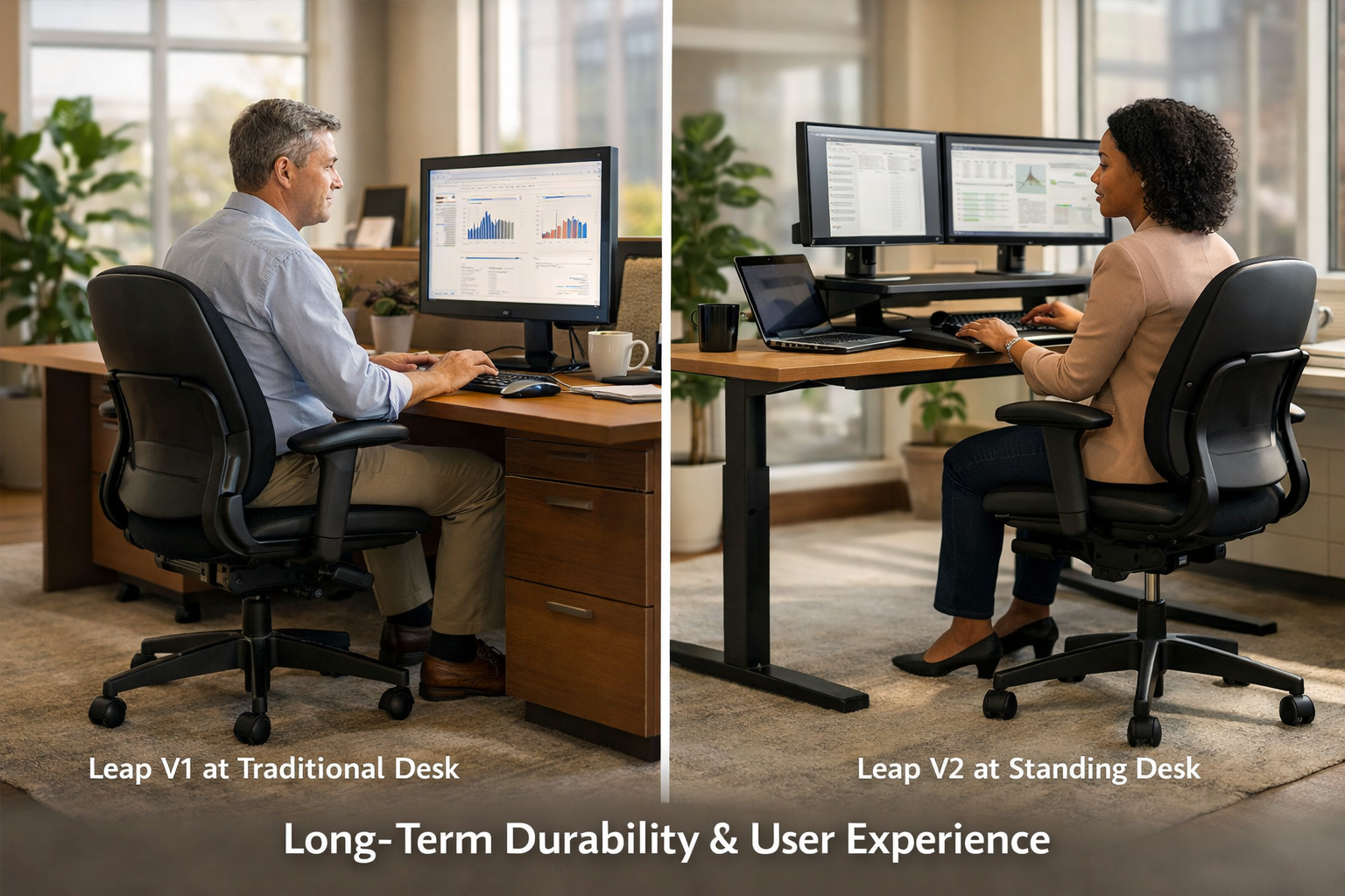 Landscape format (1536x1024) image showing real-world office environment comparison, featuring two workstations side-by-side, left station w