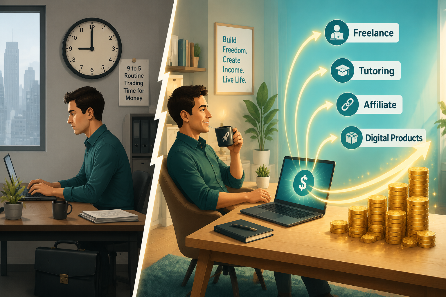 () editorial illustration showing a split-scene comparison: left side depicts a person at a traditional desk with a clock