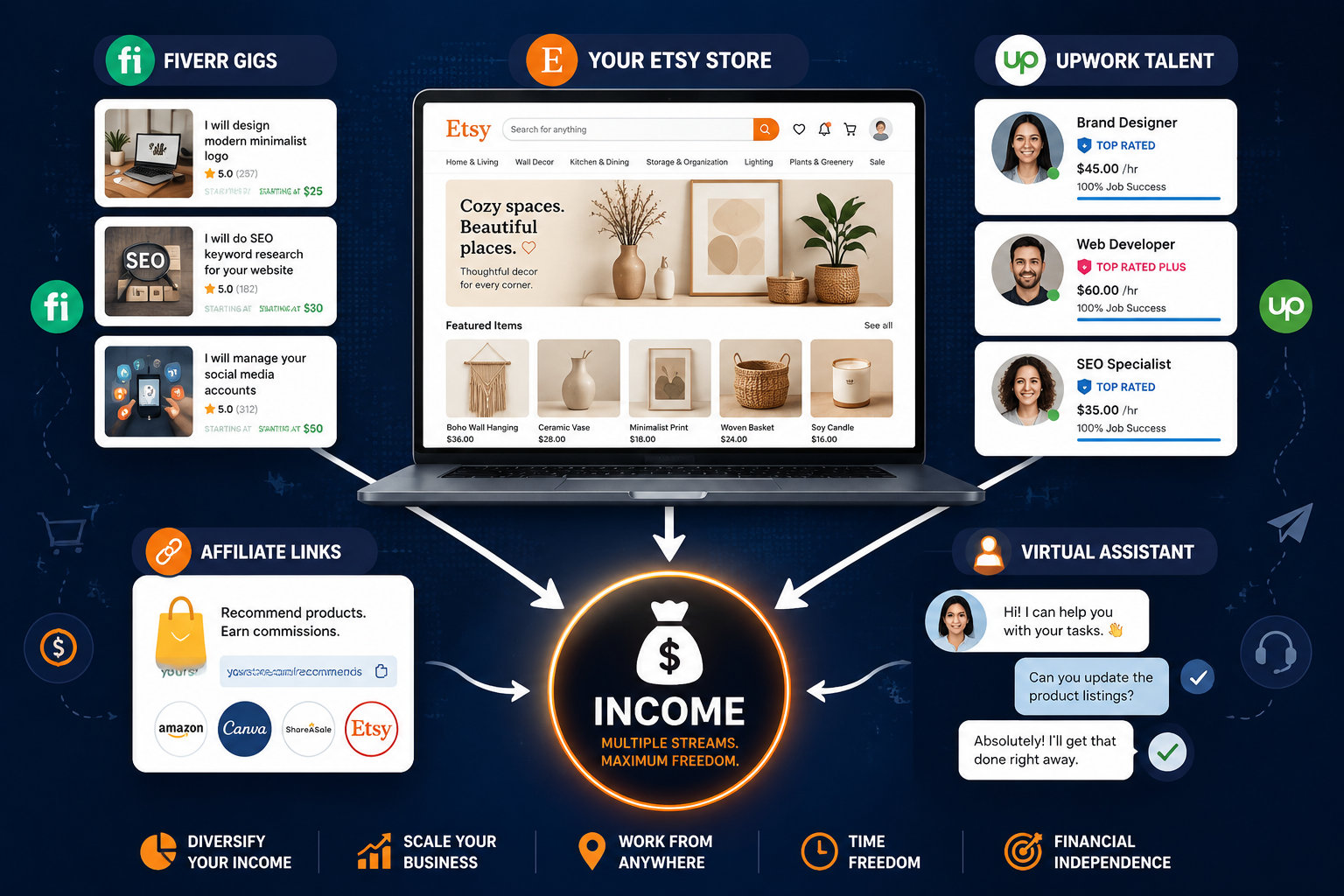 () concept illustration of a digital marketplace ecosystem: a central laptop screen showing an Etsy-style online store with