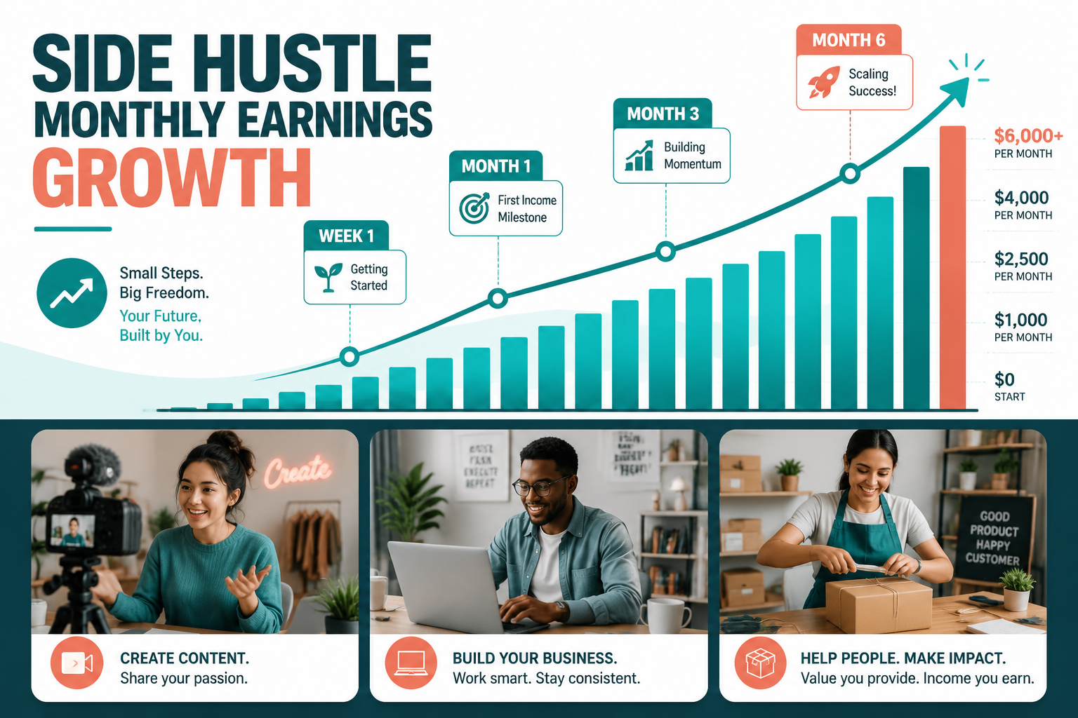 () motivational growth chart visual: a bar graph rising from left to right labeled 'Side Hustle Monthly Earnings Growth'