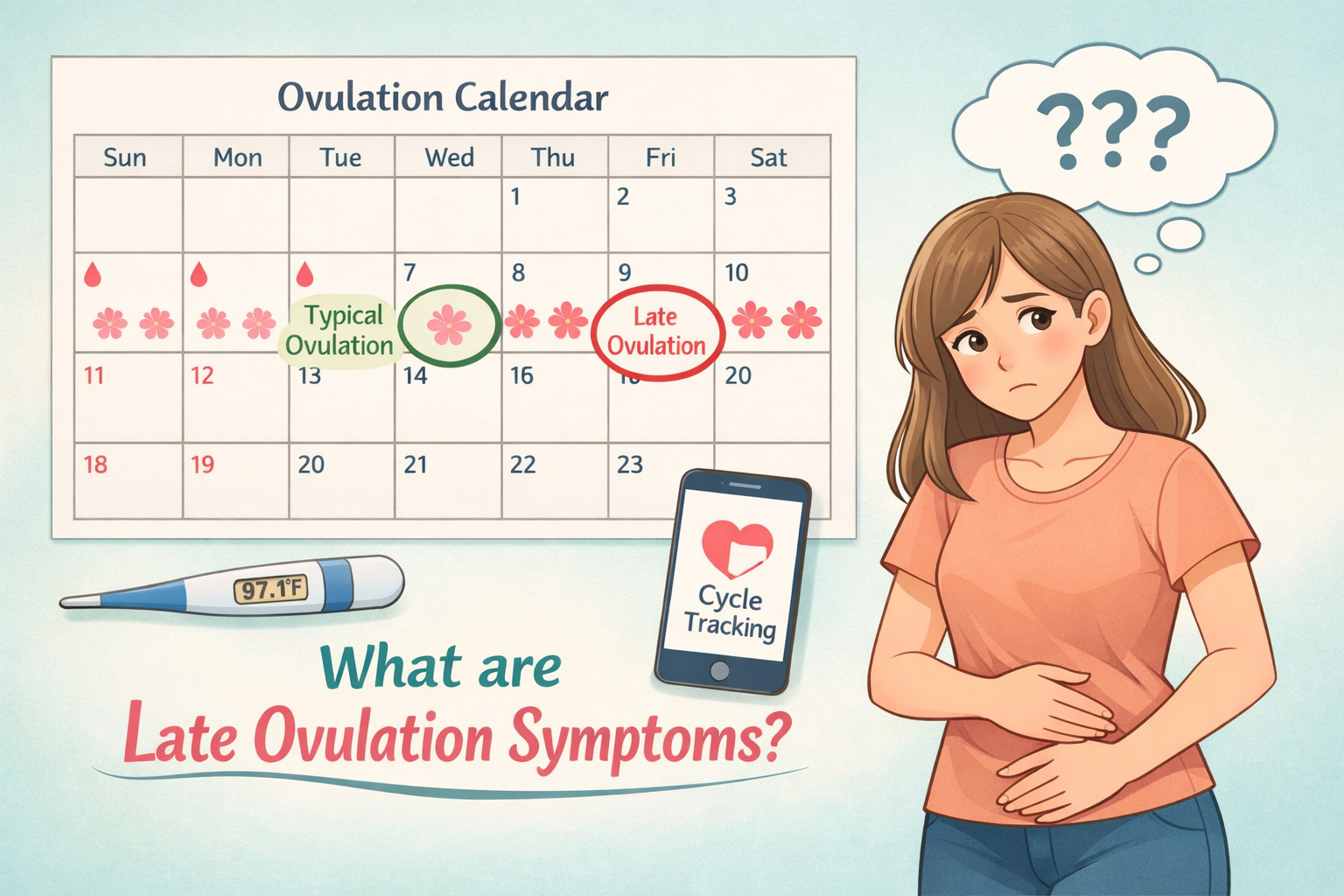 Landscape format (1536x1024) image illustrating a calendar with a highlighted 'late' ovulation date, contrasted with an earlier, 'typical' o