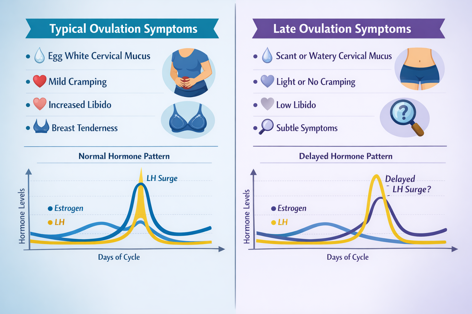 Landscape format (1536x1024) infographic-style image comparing typical ovulation symptoms (like egg white cervical mucus, mild cramping) ver