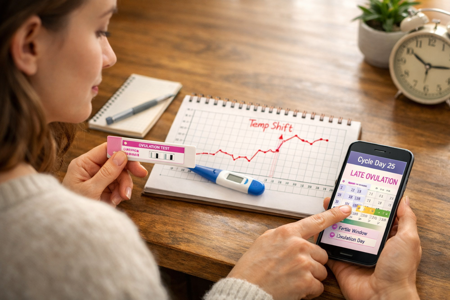 Landscape format (1536x1024) image depicting various methods for tracking ovulation: a woman holding an ovulation predictor kit (OPK) with a