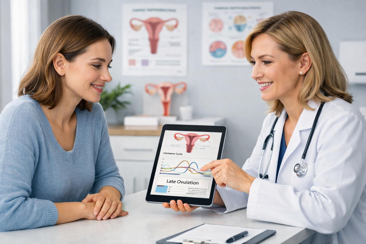 Landscape format (1536x1024) image showing a woman consulting with a healthcare professional (doctor or gynecologist) in a clean, modern cli