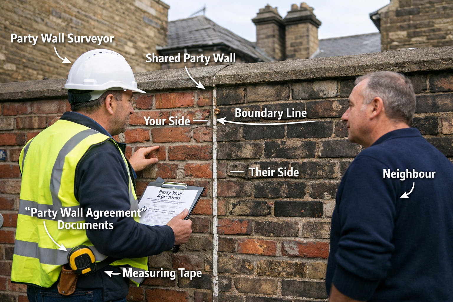 Detailed () image showing professional party wall surveyor in high-visibility vest examining shared wall between two