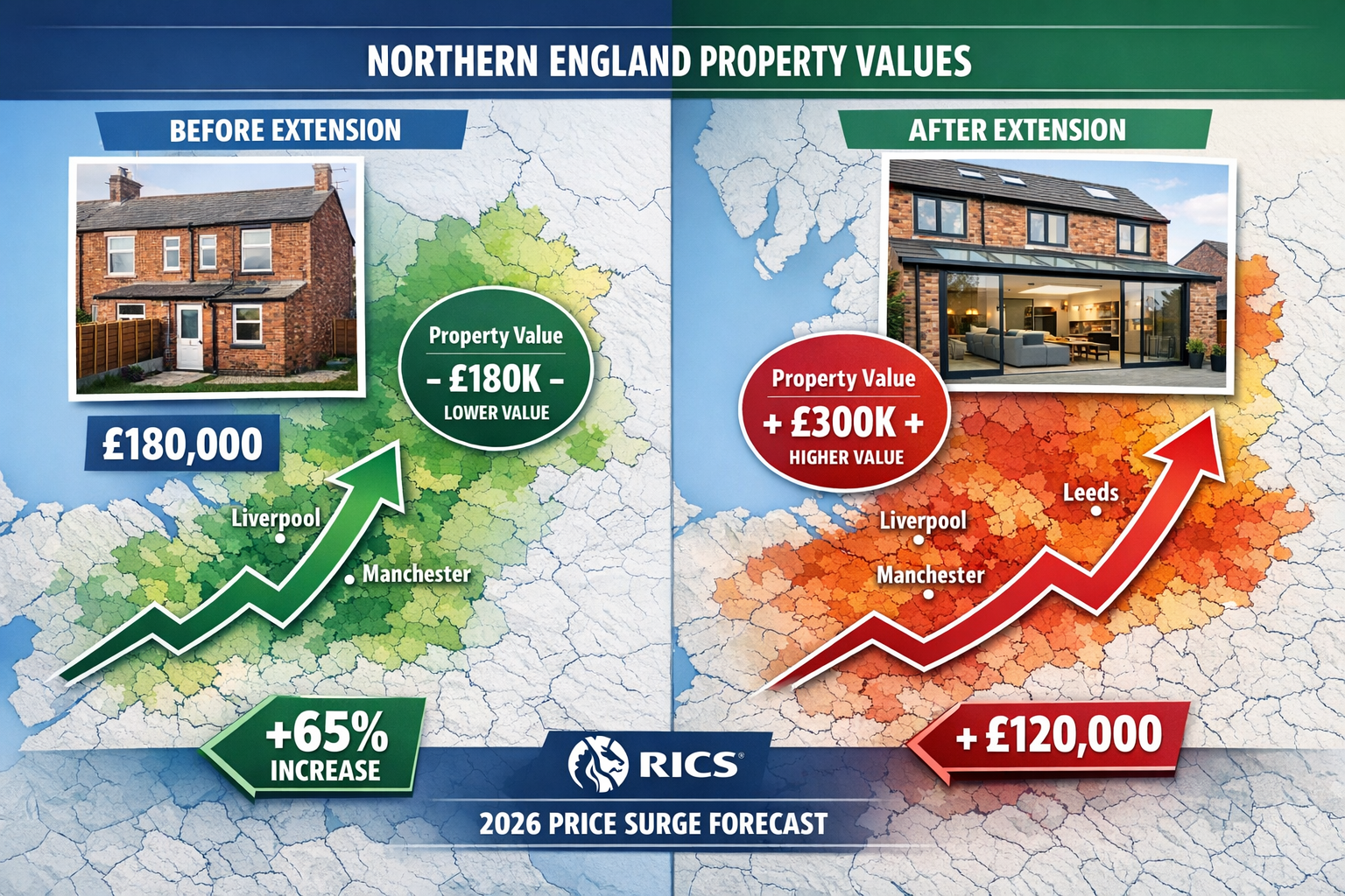 () split-screen comparison infographic showing Northern England property values with upward trending arrow graphs overlaid