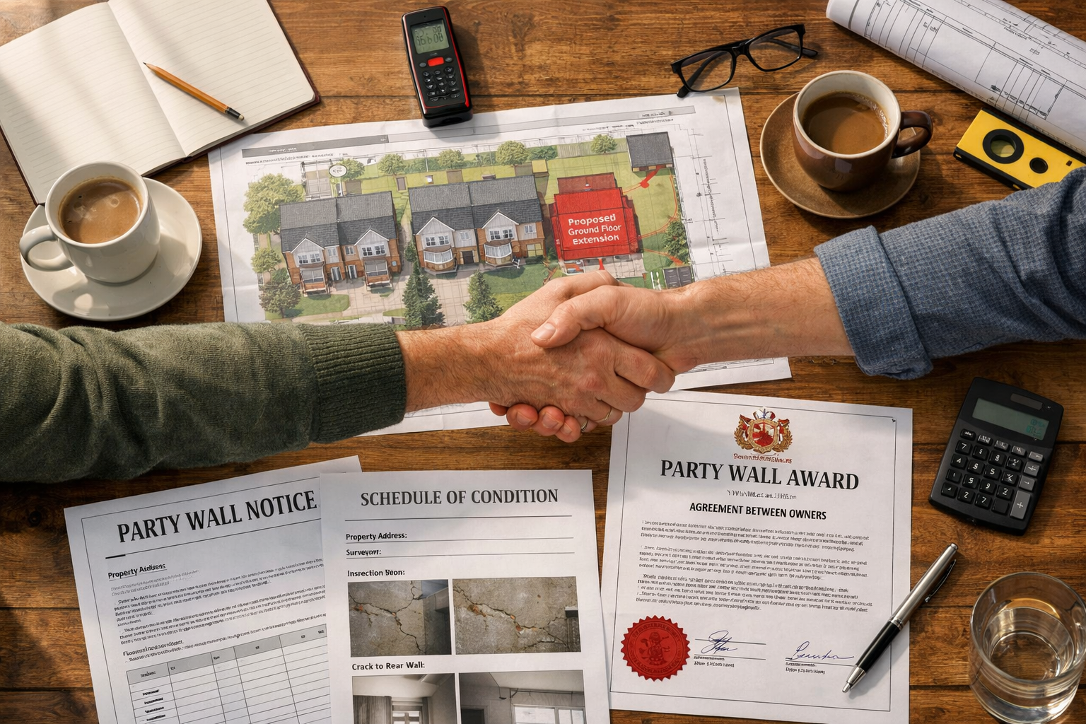 () overhead table scene showing party wall negotiation meeting in progress, architectural extension plans spread across
