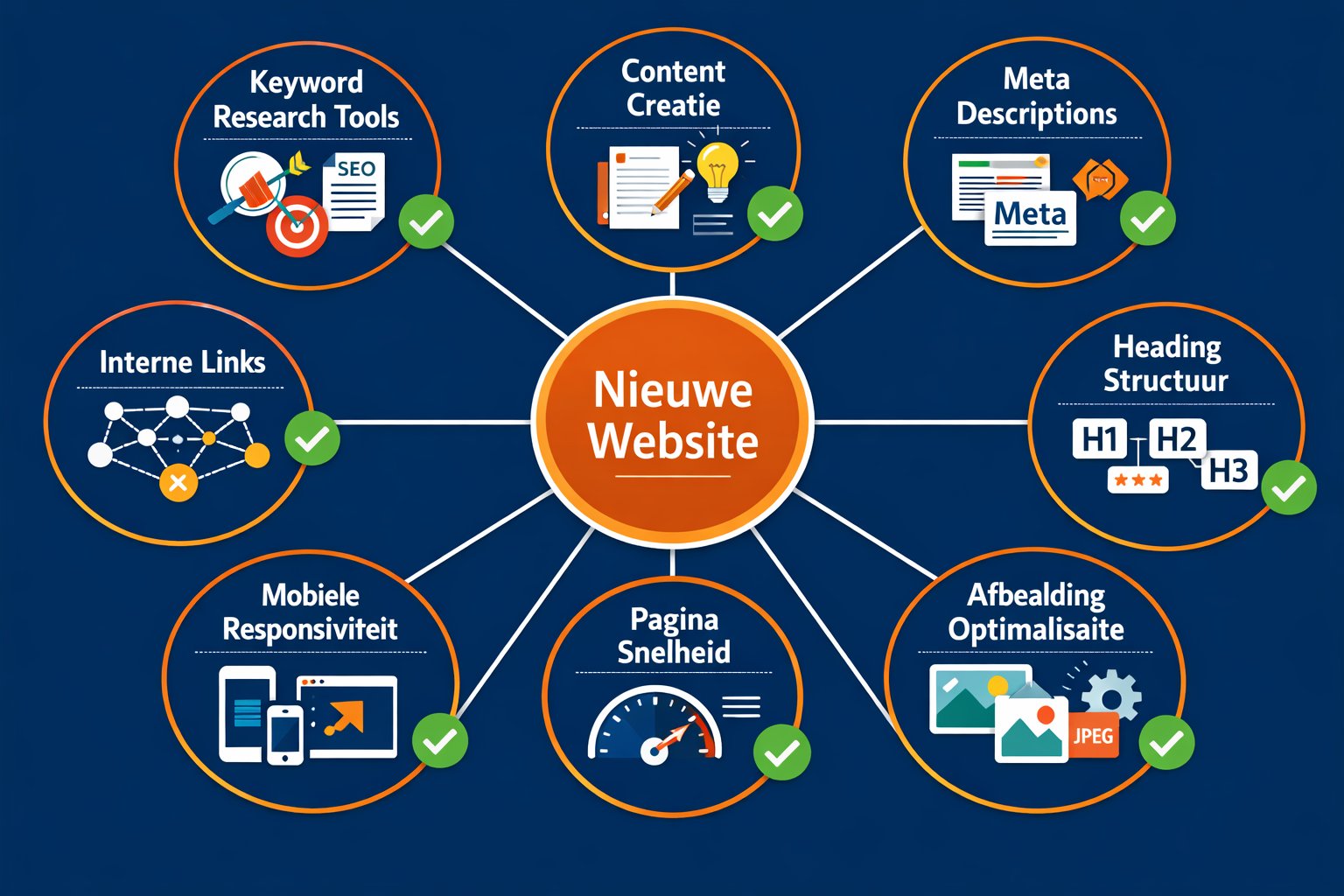 Detailed technical SEO workflow diagram showing interconnected elements of website optimization. Central hub labeled 'Nieuwe Website' with e