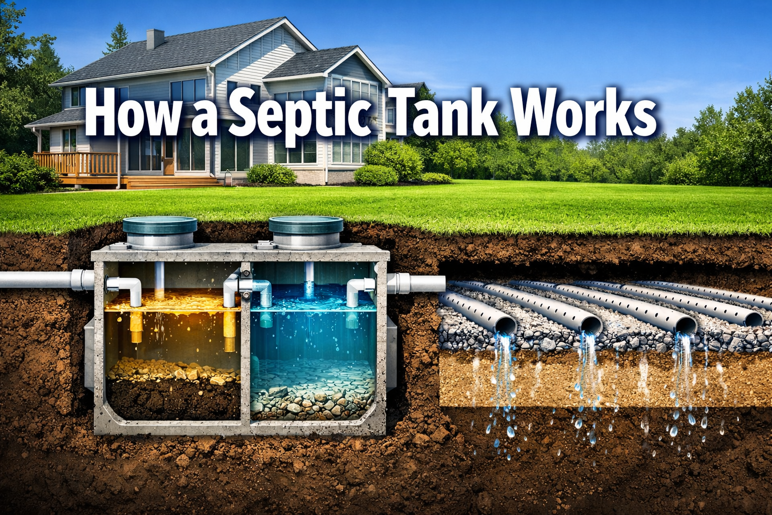 Professional landscape format (1536x1024) hero image featuring bold text overlay 'How a Septic Tank Works' in extra large 72pt white sans-se