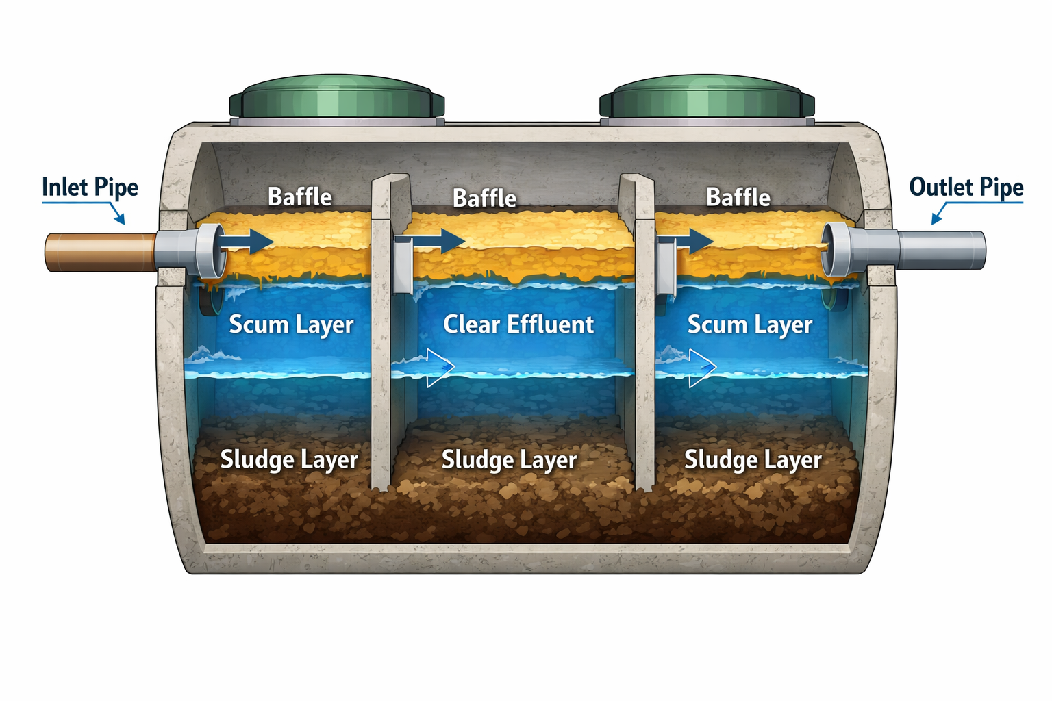 Portrait format (1024x1536) detailed cross-section diagram of septic tank showing three chambers with waste separation layers - scum layer f