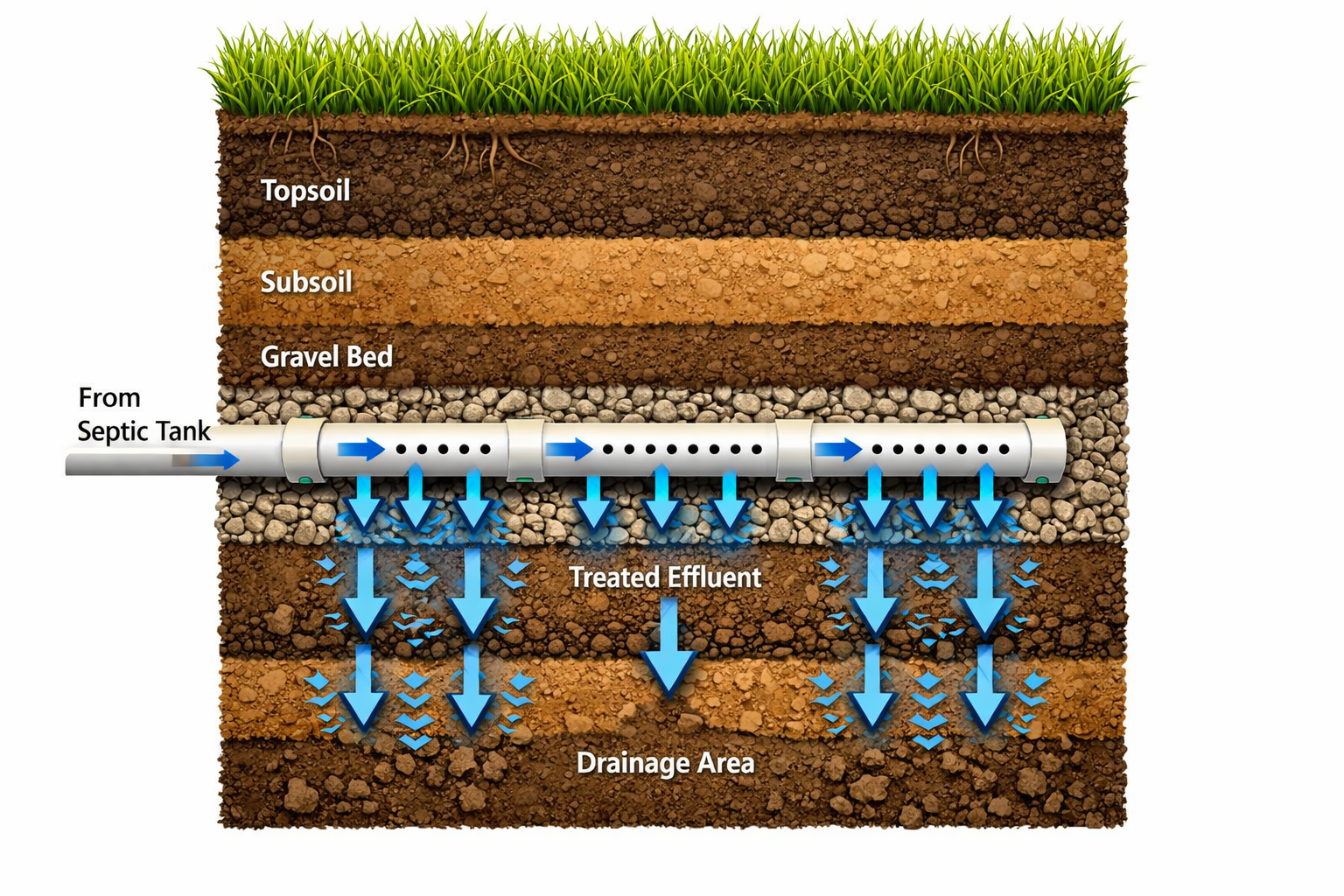 Portrait format (1024x1536) underground view of drain field system showing perforated distribution pipes laid in gravel beds beneath soil la