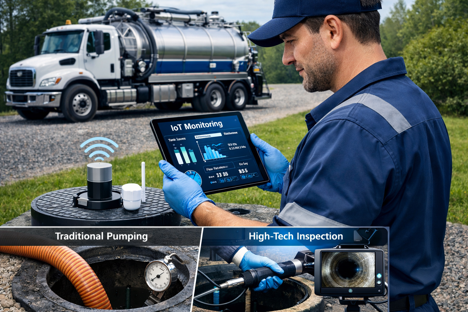 Portrait format (1024x1536) modern septic maintenance scene showing professional technician using digital tablet with IoT monitoring system 