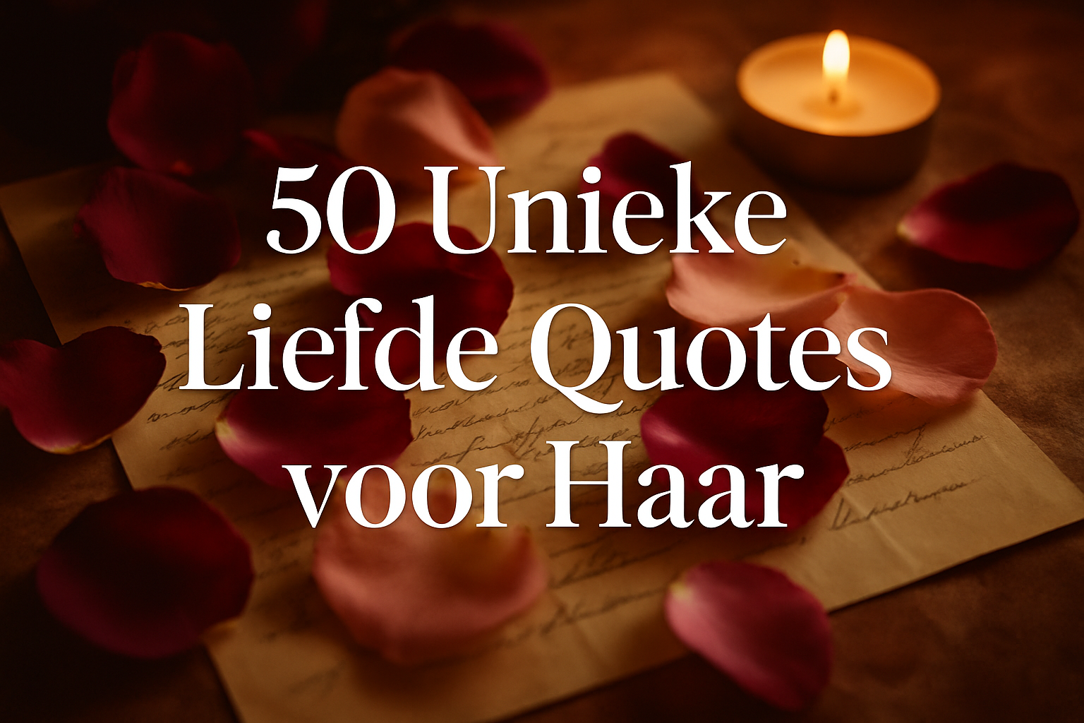 Professional romantic landscape hero image (1536x1024) featuring bold text overlay '50 Unieke Liefde Quotes voor Haar' in extra large 72pt e
