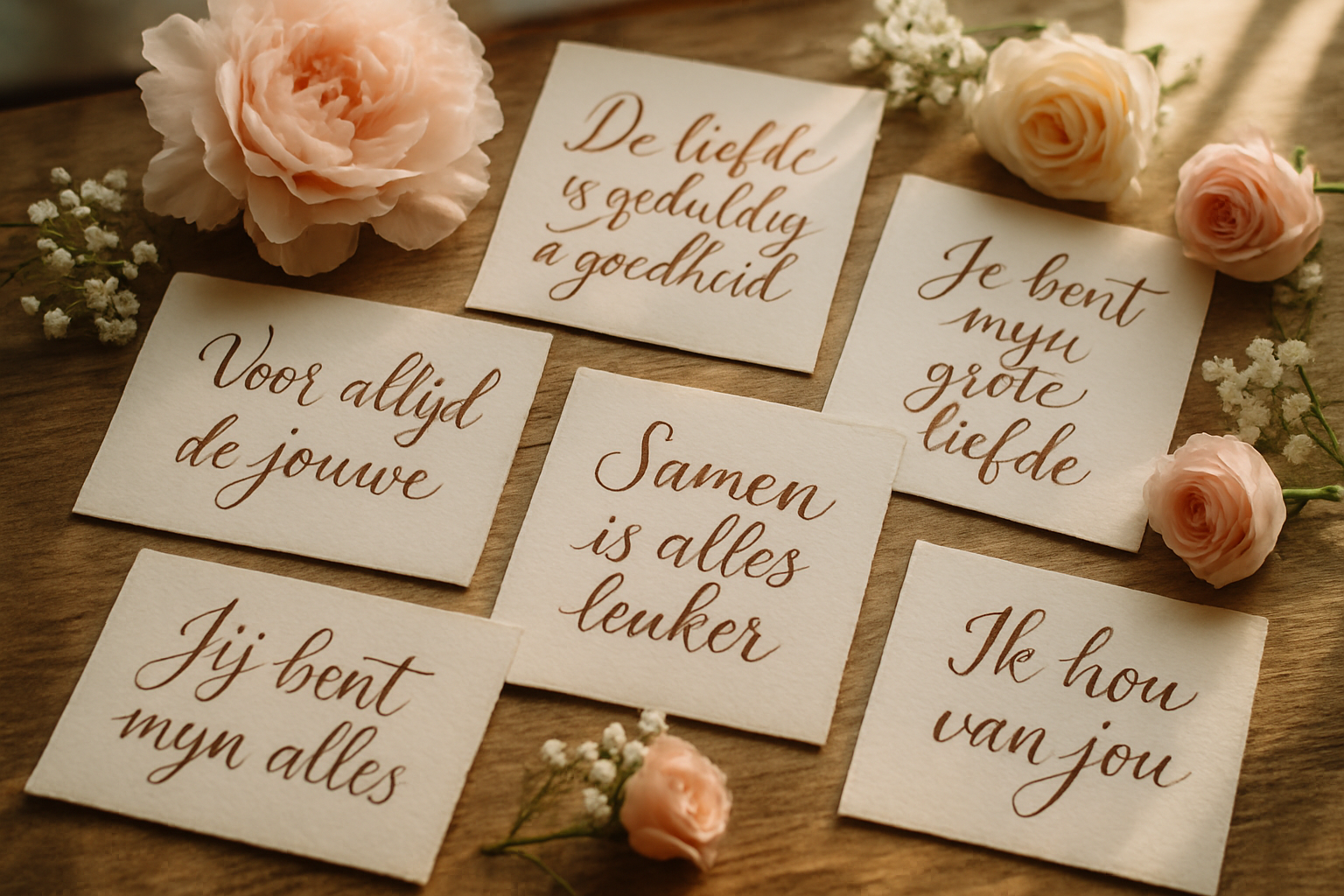 Detailed editorial image showing collection of romantic quote cards arranged artistically on rustic wooden surface, featuring handwritten ca