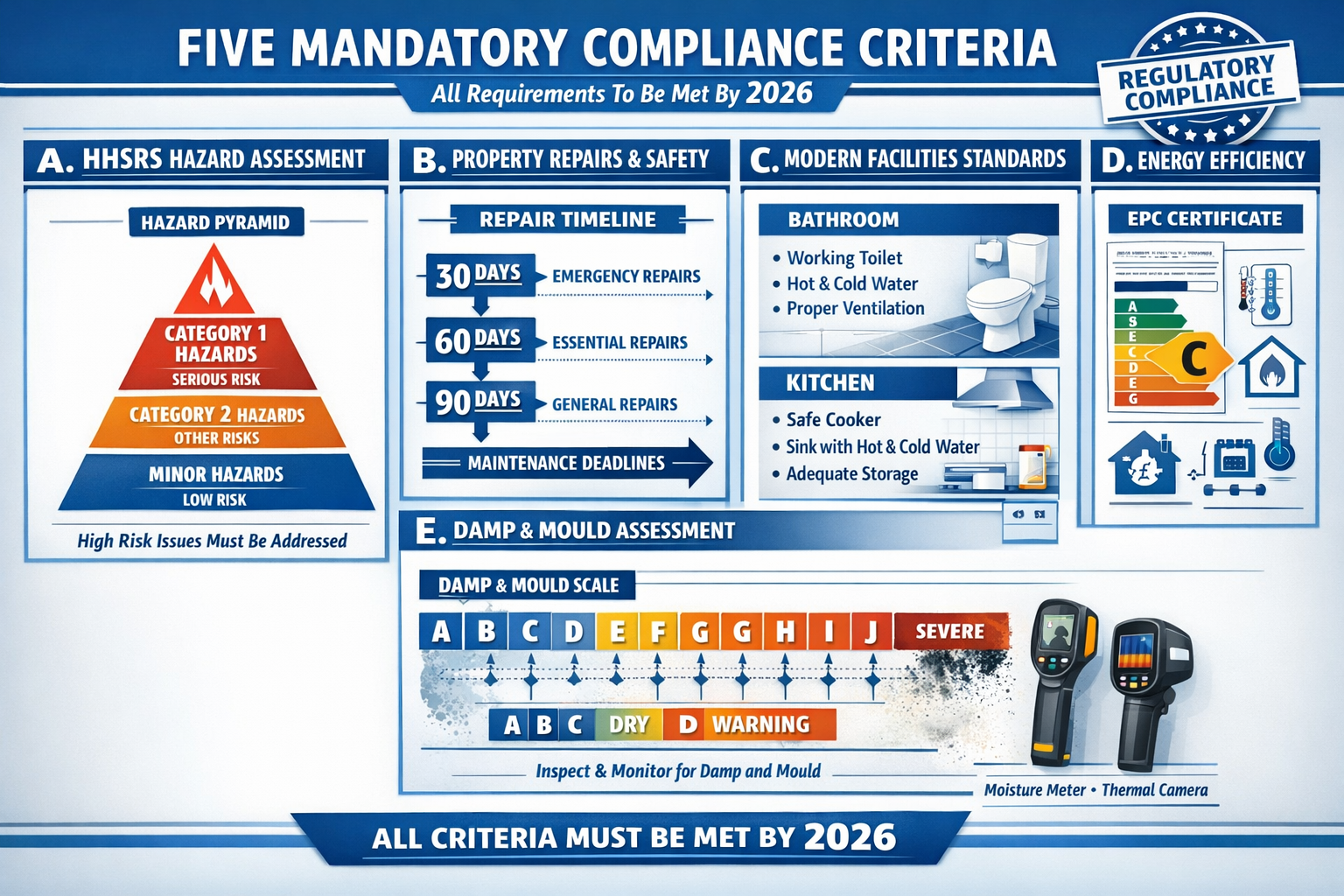 () detailed infographic showing the Five Mandatory Compliance Criteria flowchart with large numbered sections A through E.