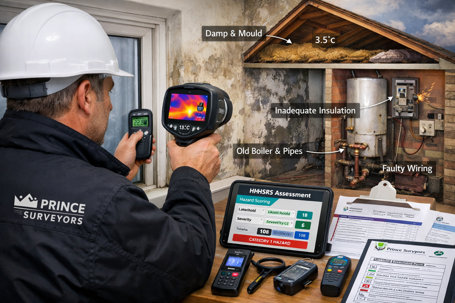 () comprehensive building surveyor inspection protocol scene showing professional chartered surveyor conducting detailed