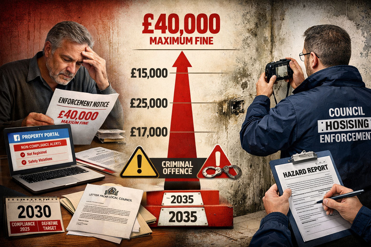 () dramatic split-composition image illustrating landlord liability and enforcement consequences. Left side shows concerned
