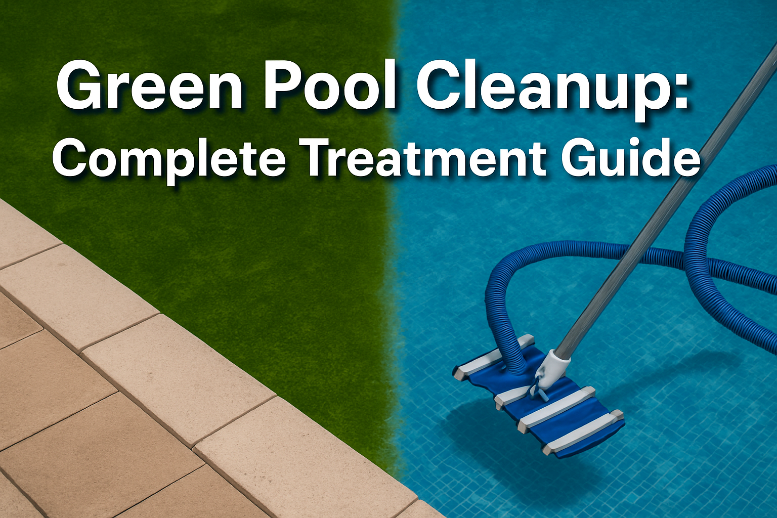 Professional landscape hero image (1536x1024) with bold text overlay: 'Green Pool Cleanup: Complete Treatment Guide', modern sans-serif 70pt