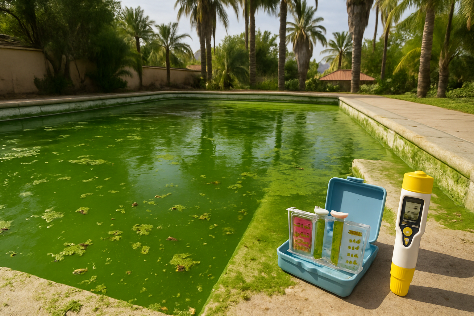 Close-up view of severely green algae-covered swimming pool with thick green water, floating debris, and algae buildup on pool walls and ste