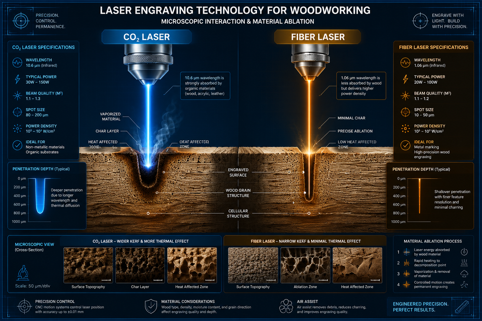 Technical cross-section illustration of laser engraving technology for woodworking, showing laser beam interaction with wood