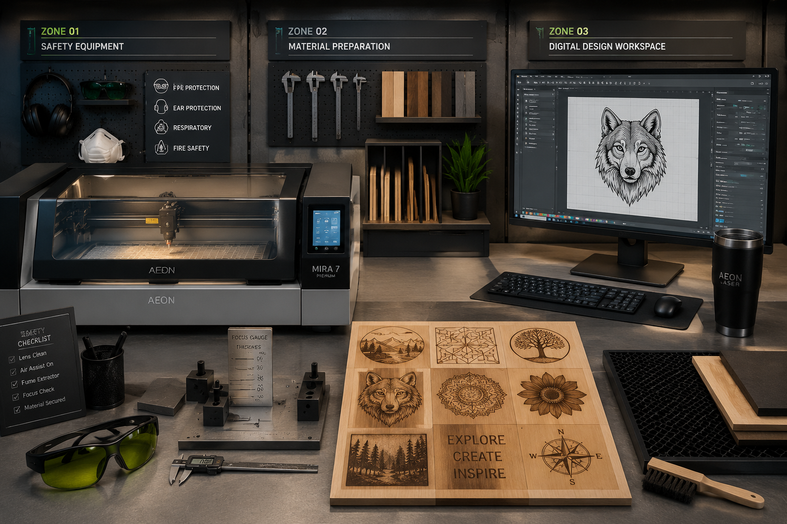 Professional workshop setup for laser engraving workstation, featuring high-end laser cutting machine, computer with design