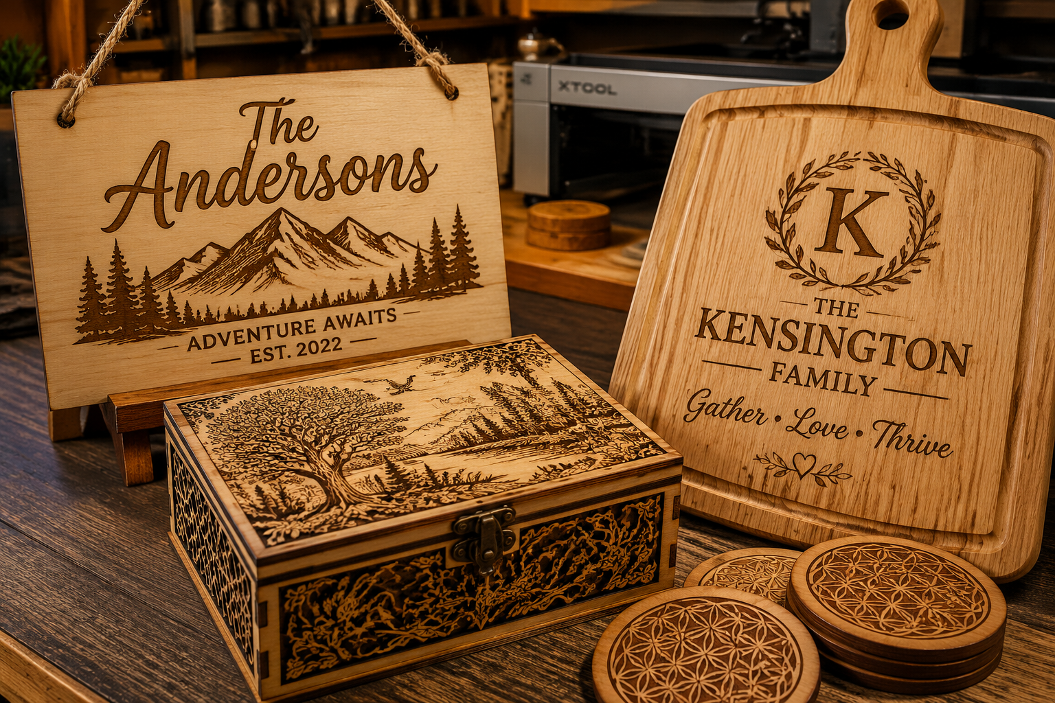 Artistic wooden crafting scene showcasing personalized laser-engraved projects: custom wooden signs, intricate decorative