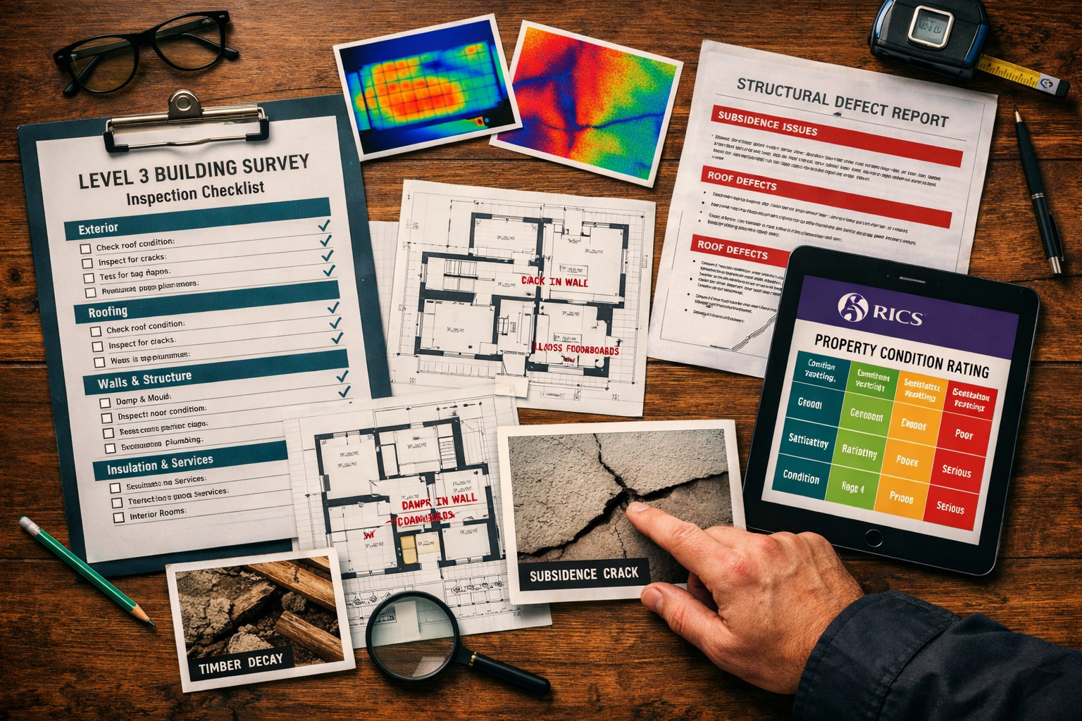 Overhead bird's-eye () showing a detailed Level 3 building survey inspection checklist spread across a wooden desk, with