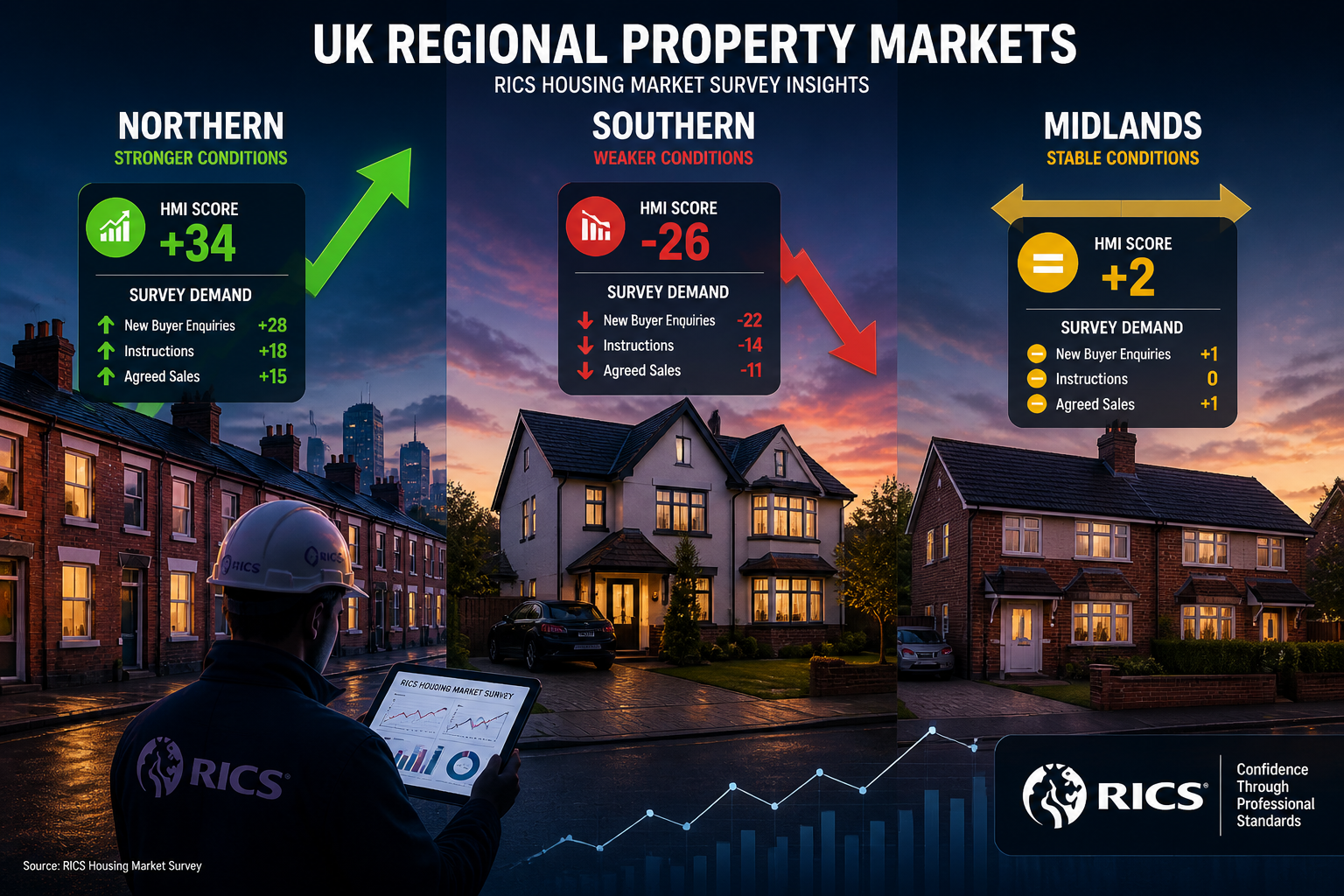 Dynamic () composite image showing three distinct UK regional property markets side by side: a Northern terraced row with a