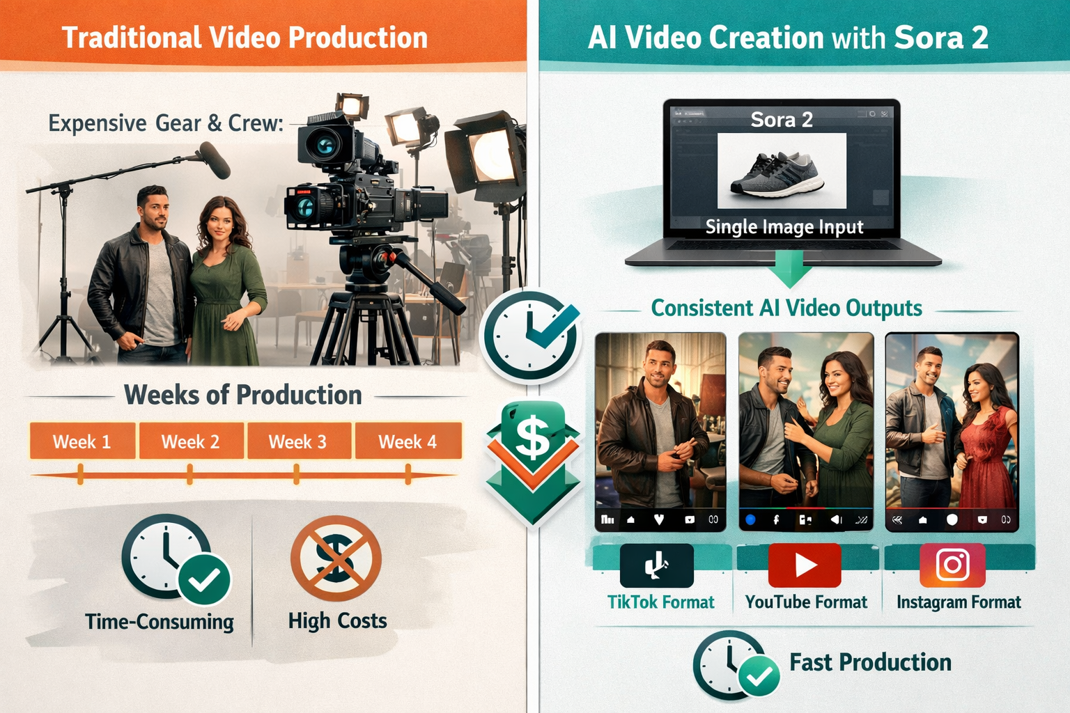 Landscape format (1536x1024) editorial image showing side-by-side comparison of traditional video production versus AI video creation workfl