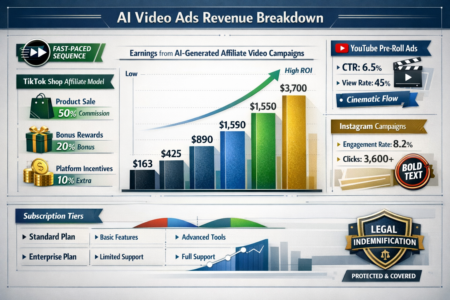 Landscape format (1536x1024) detailed infographic showing AI video ads revenue performance metrics and ROI data. Center displays large bar g