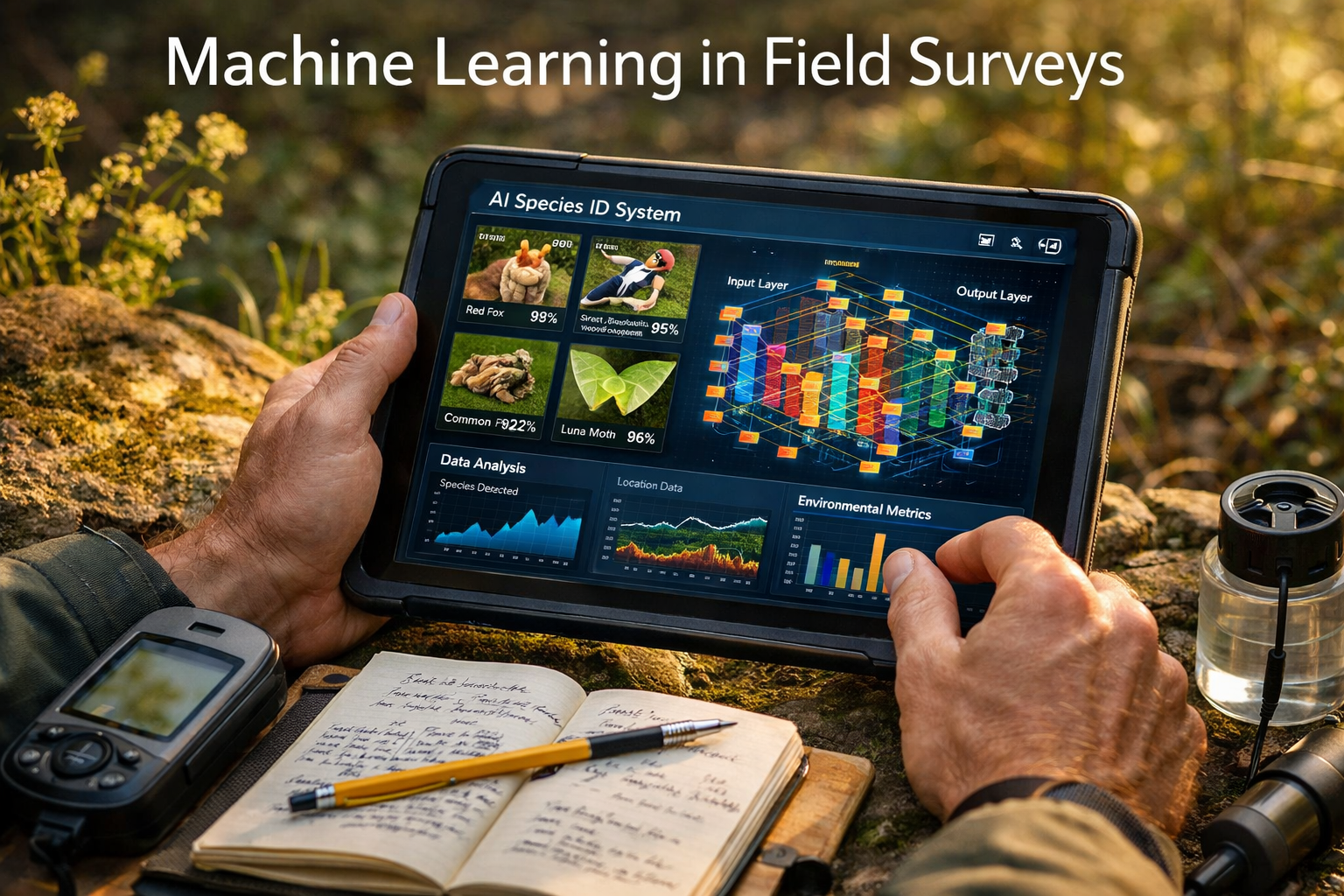 Detailed () image showing close-up view of biodiversity surveyor's hands holding advanced tablet device in natural outdoor