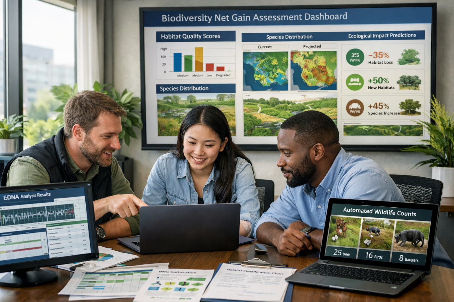 Detailed () image depicting modern conservation office workspace with large wall-mounted monitor displaying Biodiversity Net