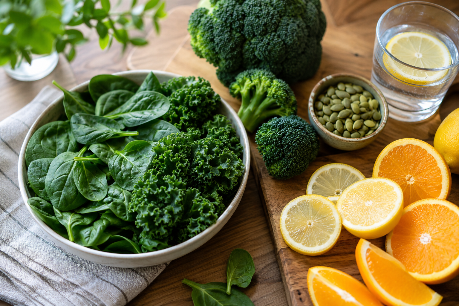 Detailed () editorial photograph showing a close-up overhead shot of a wooden kitchen table covered with nutrient-dense