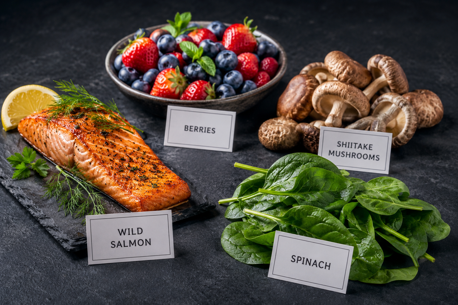 () editorial food photography showing a dramatic side-angle shot of four distinct immune-supporting foods arranged