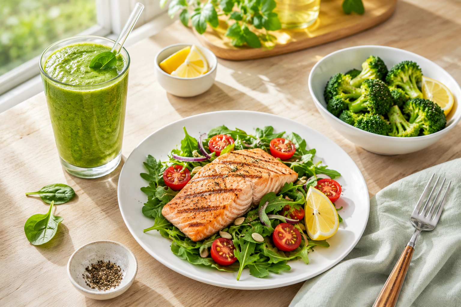() food photography showing a bright, airy kitchen scene with a Day 1 meal spread: a tall green smoothie in a clear glass