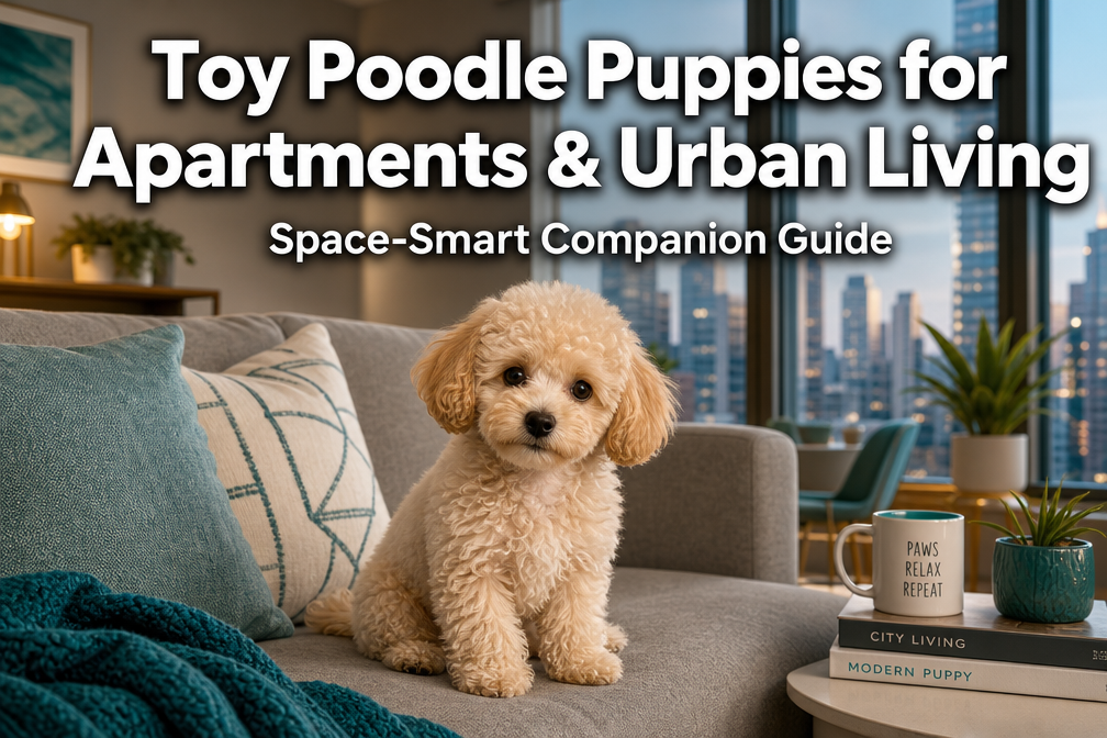 Professional () hero image featuring 'Toy Poodle Puppies for Apartments & Urban Living' in extra large white with dark ,