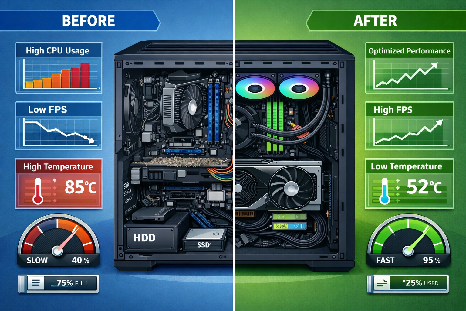 Landscape format (1536x1024) image showing CAD workstation hardware optimization concept with cutaway view of high-performance computer towe