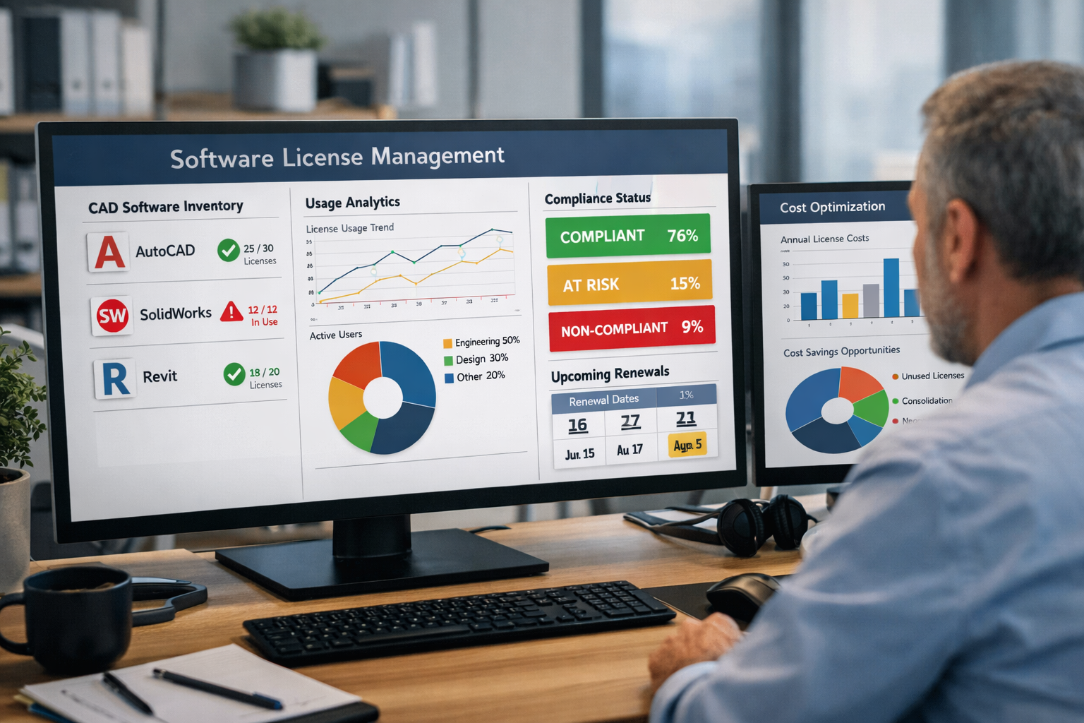 Landscape format (1536x1024) image depicting software license management dashboard on computer screen showing CAD software inventory, usage