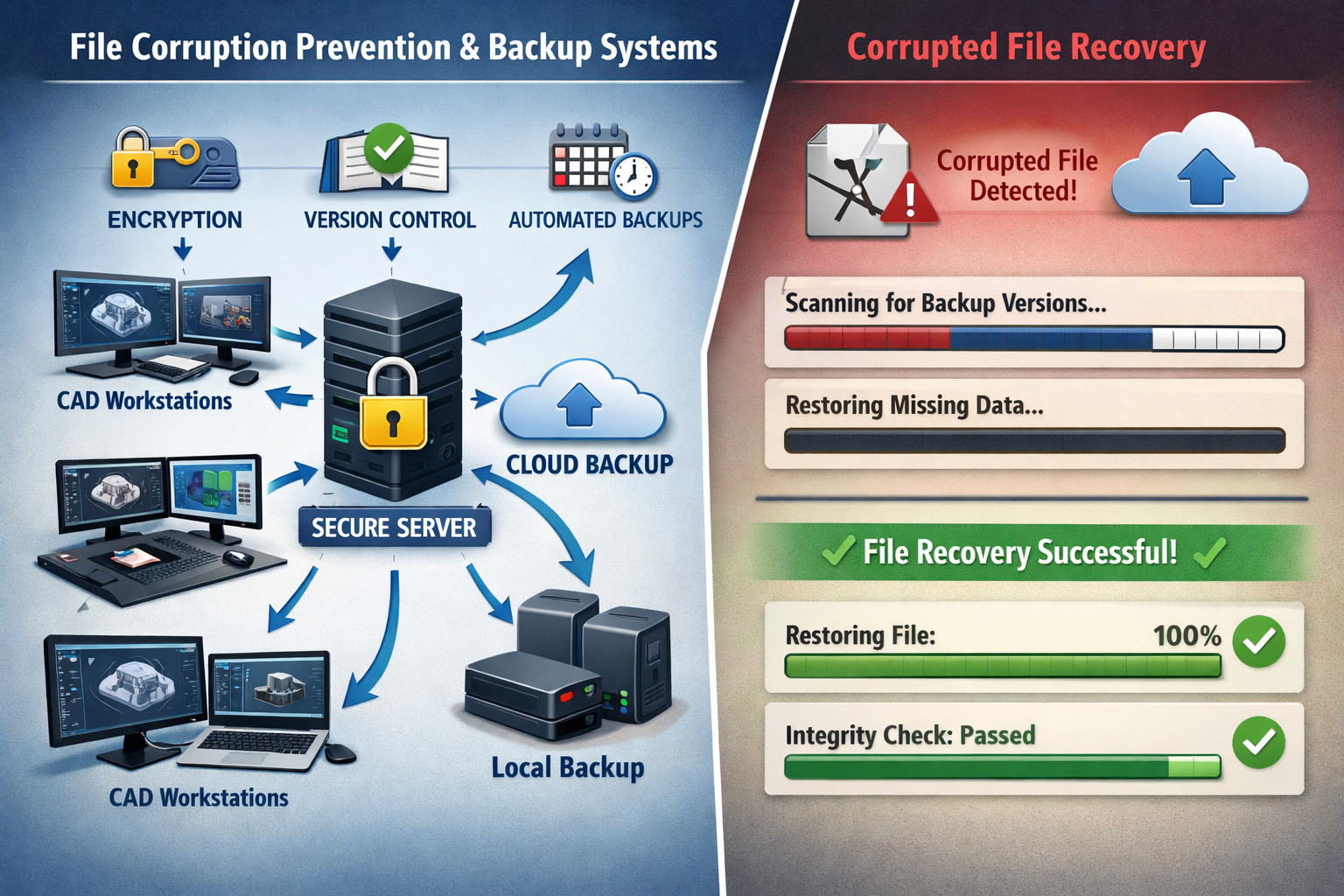 Landscape format (1536x1024) image illustrating file corruption prevention and backup systems with visual representation of secure data flow