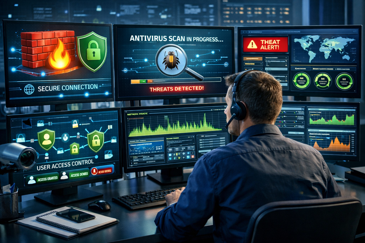 Landscape format (1536x1024) image showing comprehensive CAD workstation security setup with visual elements including firewall protection i