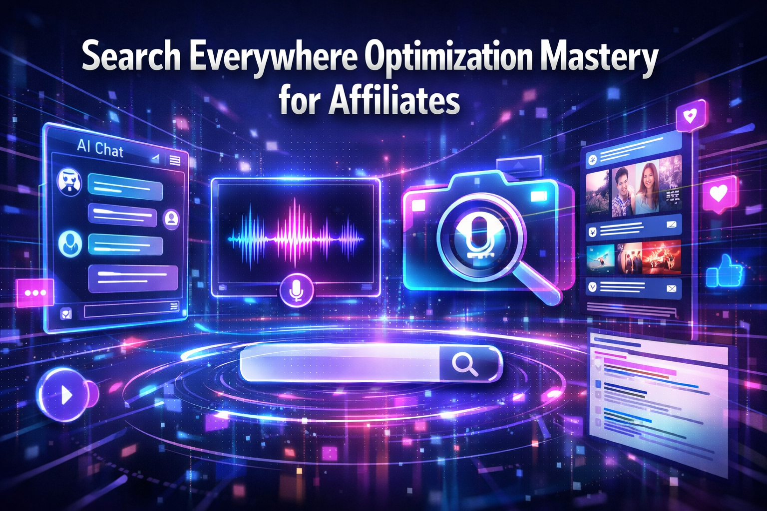 Professional () hero image with 'Search Everywhere Optimization Mastery for Affiliates' in extra large white with dark ,