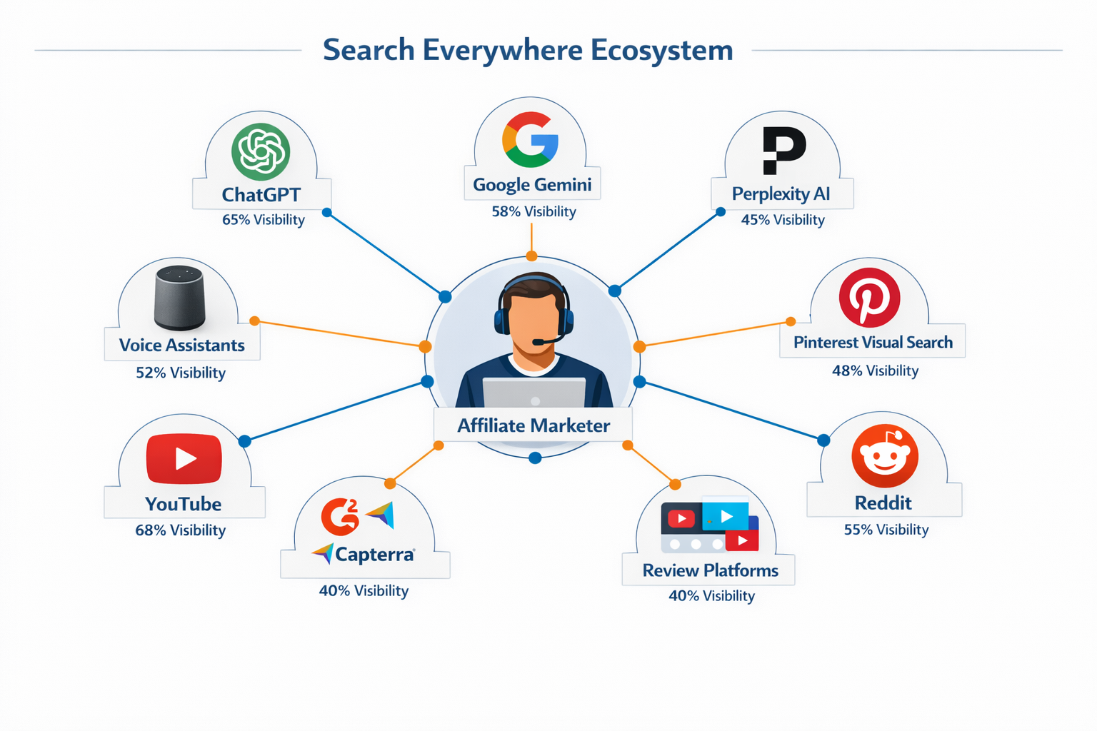 () detailed infographic showing the Search Everywhere ecosystem as interconnected nodes: center shows affiliate marketer