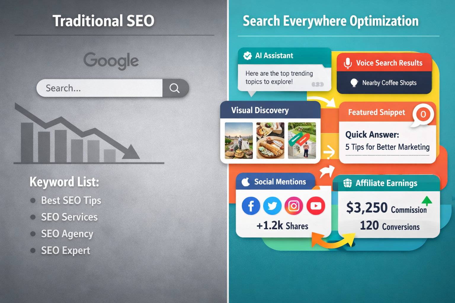 () split-screen comparison image showing traditional SEO versus Search Everywhere Optimization. Left side: single Google