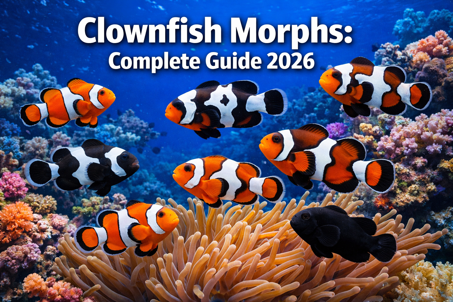 Professional landscape hero image (1536x1024) featuring bold text overlay 'Clownfish Morphs: Complete Guide 2026' in extra large 72pt white 